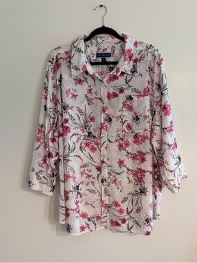 Karen Scott White Button-Down Shirt with Pink Floral Print